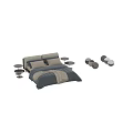 Modern Comfortable Bed Design With Gray Beige Pillows White Blue Quilt And Throw Side Tables