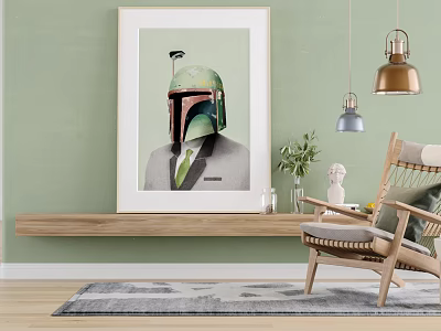 Leisure Chair With Woven Detail Pillow In Room Featuring Green Wall Framed Poster Wooden Shelf And Hanging Lamps 3d model