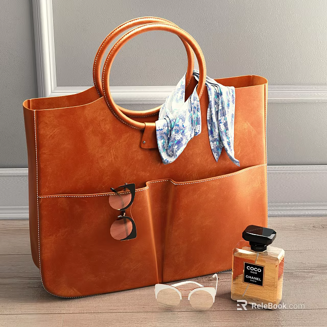 Stylish Brown Leather Tote Bag with Floral Scarf Sunglasses and Perfume Bottle 3d model 