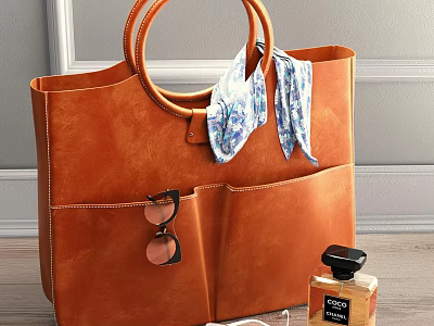 Stylish Brown Leather Tote Bag with Floral Scarf Sunglasses and Perfume Bottle 3d model