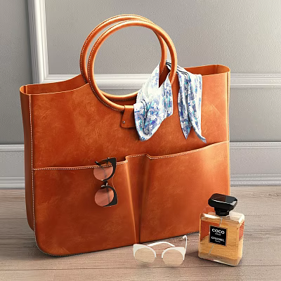 Stylish Brown Leather Tote Bag with Floral Scarf Sunglasses and Perfume Bottle 3d model