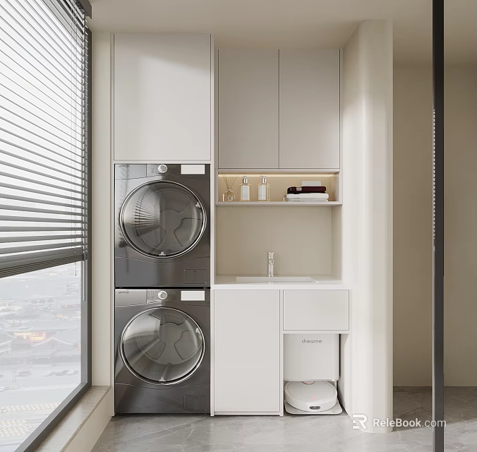 Modern Bathroom Cabinet With Stacked Washing Machines Window Blinds Sink Toilet And Storage Shelf 3d model 