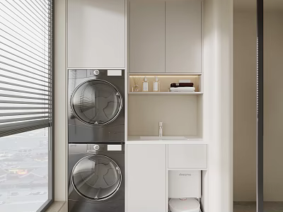 Modern Bathroom Cabinet With Stacked Washing Machines Window Blinds Sink Toilet And Storage Shelf 3d model