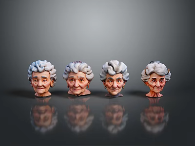 Elderly Woman Head Models With White Hair Various Expressions On Black Background 3d model