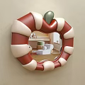 Apple Shaped Mirror with Red and White Striped Frame Green Stem Reflecting Bedroom Interior