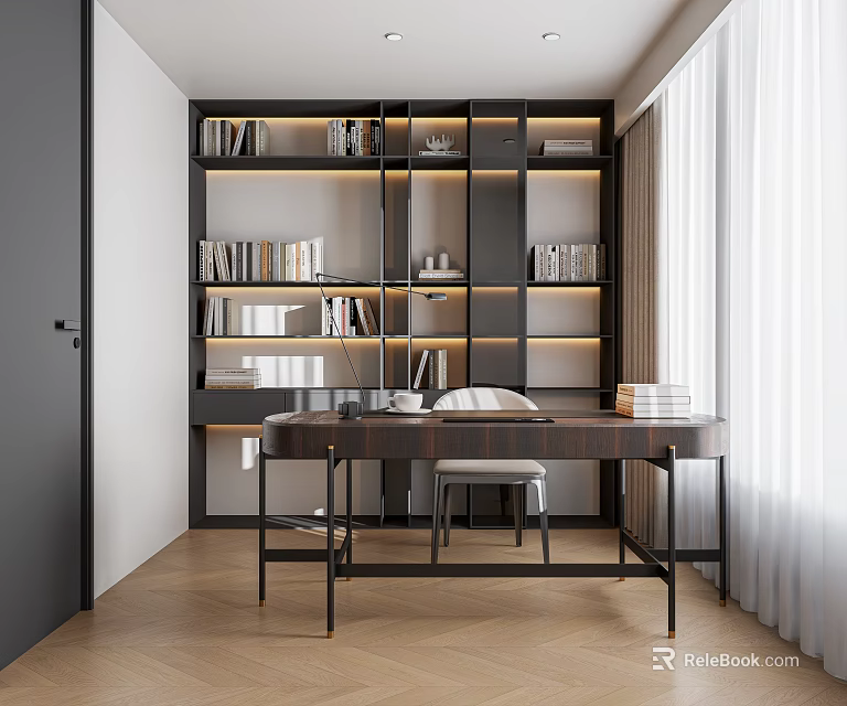 Modern Study Room Interior With Bookshelves Books Wooden Desk Chair White Curtains And Herringbone Flooring 3d model 
