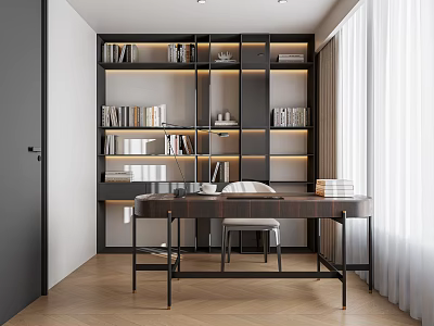 Modern Study Room Interior With Bookshelves Books Wooden Desk Chair White Curtains And Herringbone Flooring 3d model