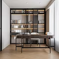 Modern Study Room Interior With Bookshelves Books Wooden Desk Chair White Curtains And Herringbone Flooring