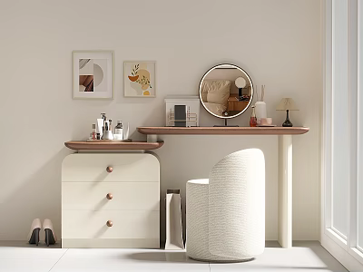 Minimalist Modern Dressing Table Interior With Round Mirror Framed Art And Beige Chair 3d model