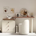 Minimalist Modern Dressing Table Interior With Round Mirror Framed Art And Beige Chair