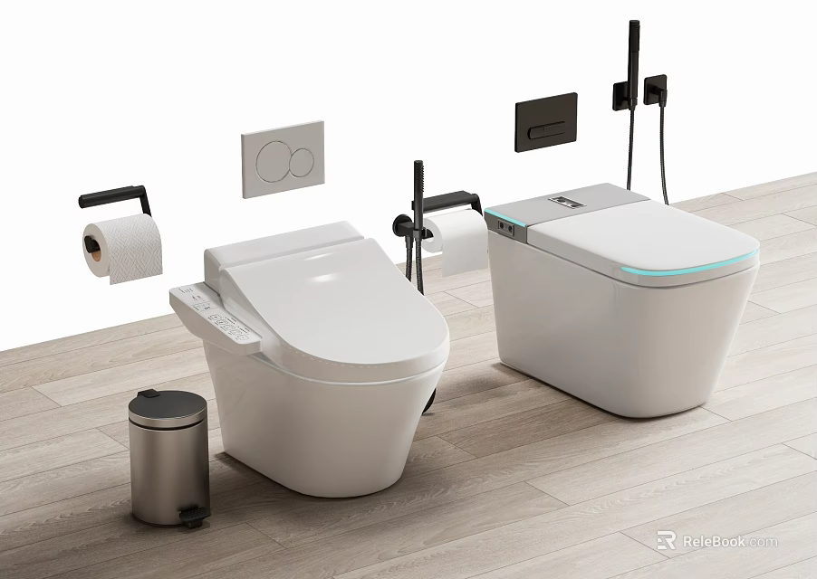 Modern White Smart Toilets In Bathroom With Toilet Paper Holder And Trash Can 3d model 