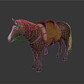 Brown Horse With Yellow And Green Saddle And White Mane On Gray Background