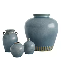 Blue Ceramic Vases In Various Sizes Featuring Golden Base And Two Handle Design 3d model