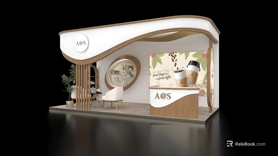 Modern Exhibition Booth Design With A&S Logo Coffee Cup Graphic Wooden Counter And Plant 3d model 