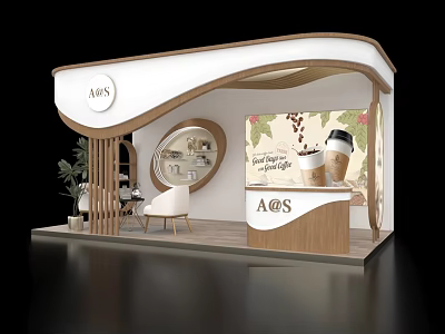 Modern Exhibition Booth Design With A&S Logo Coffee Cup Graphic Wooden Counter And Plant 3d model