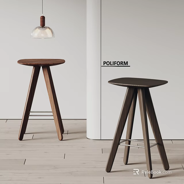 Modern Wooden Bar Stools With Three Legged Design In Minimalist Interior By POLIFORM 3d model 