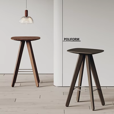 Modern Wooden Bar Stools With Three Legged Design In Minimalist Interior By POLIFORM 3d model