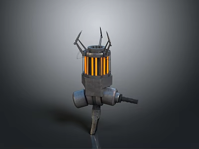 Futuristic Industrial Weapon with Yellow Striped Cylinder Spiked Top and Support Base Design 3d model