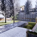Garden Landscape Design Featuring Curved Stone Pathway Trees And Modern Architecture