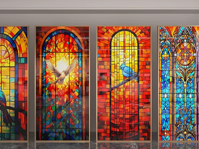 Colorful Stained Glass Room Dividers With Birds And Art Patterns 3d model
