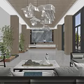 Modern Hotel Lobby Design With Reception Desk Sofa Seating Decorative Chandelier And Green Plants