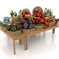 Display Shelves on Wooden Table with Fresh Fruits Vegetables Bottles Baskets and Crates