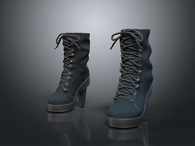 Stylish Black Lace Up High Heel Boots With Classic Design And Shiny Finish 3d model
