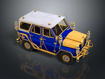 Vintage Off Road Car With Blue Body Gold Accents And White Roof Ornate Decorations 3d model