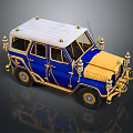 Vintage Off Road Car With Blue Body Gold Accents And White Roof Ornate Decorations