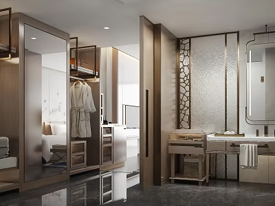 Elegant Modern Hotel Bathroom Interior Design With Marble Vanity And Storage Cabinets 3d model