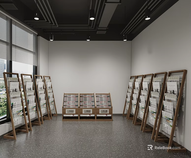 Modern Solid Wood Brochure And Magazine Display Shelves For Bright Minimalist Office Reading Area 3d model 