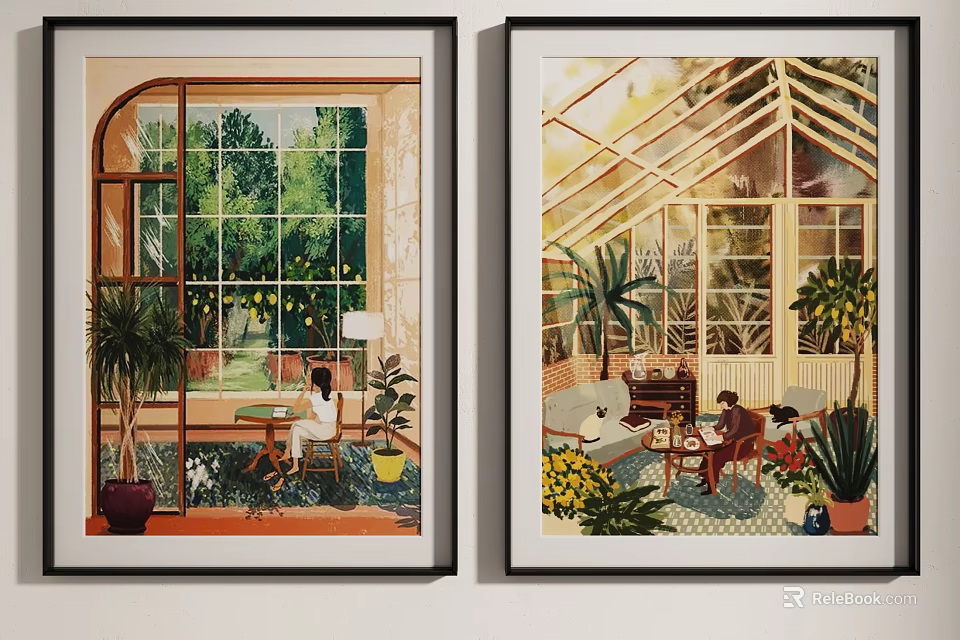 Two Framed Illustrations of Room with Large Window and Greenhouse Interior with Plants and People 3d model 
