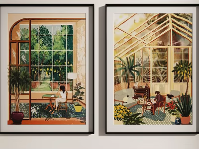 Two Framed Illustrations of Room with Large Window and Greenhouse Interior with Plants and People 3d model