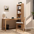 Wooden Bookcase with Books Near Wooden Desk Chair Potted Plant Window Blinds and Framed