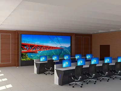 Professional Monitoring Room Control Center With Large Screen Red Bridge Display And Multiple Computer Monitors 3d model