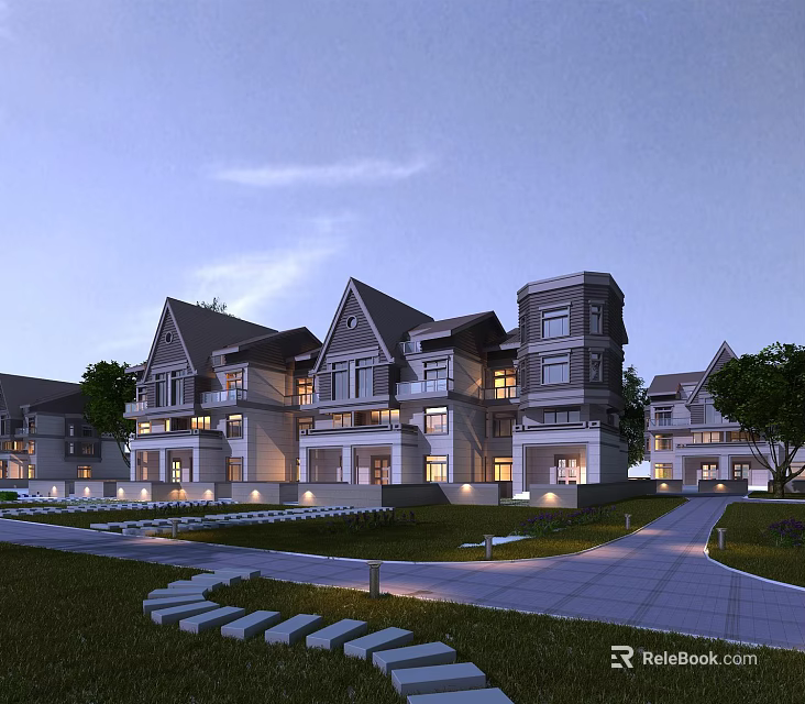 Luxurious Townhouses With Evening Lights And Landscaping 3d model 