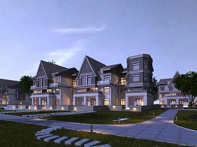 Luxurious Townhouses With Evening Lights And Landscaping 3d model