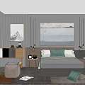 Modern Bedroom Interior With Gray Tones Double Bed Wall Art And Side Tables 3d model