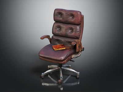 Brown Leather Office Chair Featuring Padded Back Armrests Metal Wheels And Book On Seat 3d model