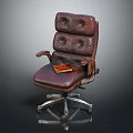 Brown Leather Office Chair Featuring Padded Back Armrests Metal Wheels And Book On Seat