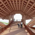 Modern Wooden Road Facility with Curved Roof Pedestrians and Green Landscape