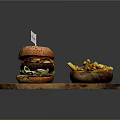 Delicious Krusty Hamburger With Beef Patty And Golden Fries On Wooden Tray