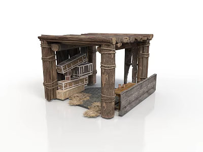 Ancient Traditional Wooden Architectural Structure With Pillars Roof Internal Stairs And Hay Ground 3d model