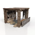 Ancient Traditional Wooden Architectural Structure With Pillars Roof Internal Stairs And Hay Ground
