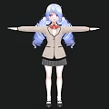 Woman With Blue Hair Pigtails Beige Coat Black Skirt Red Bow Tie Arms Outstretched