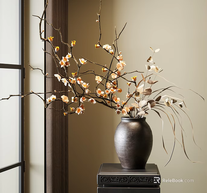 Elegant Dark Ceramic Vase With Plum Blossoms And Orchid Branches On Wooden Table 3d model 