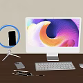 Modern Desktop Workspace With Computer Monitor Keyboard Mouse And Phone Ring Light Stand
