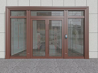 Brown Glass Double Door with Carved Design Frame and Gray Wall Exterior 3d model