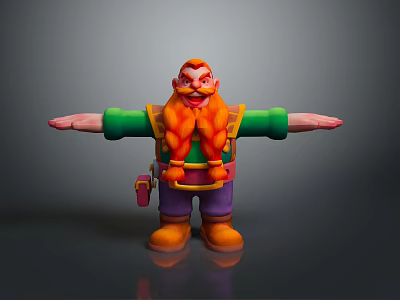 Cartoon Character With Red Hair And Braided Orange Beard Green Shirt Purple Pants Arms Outstretched 3d model