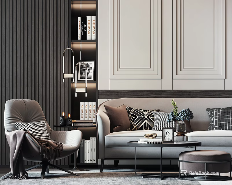 Modern Sofa Coffee Table Set With Gray Armchair Patterned Pillows Bookshelf And Decorative Lamp 3d model 